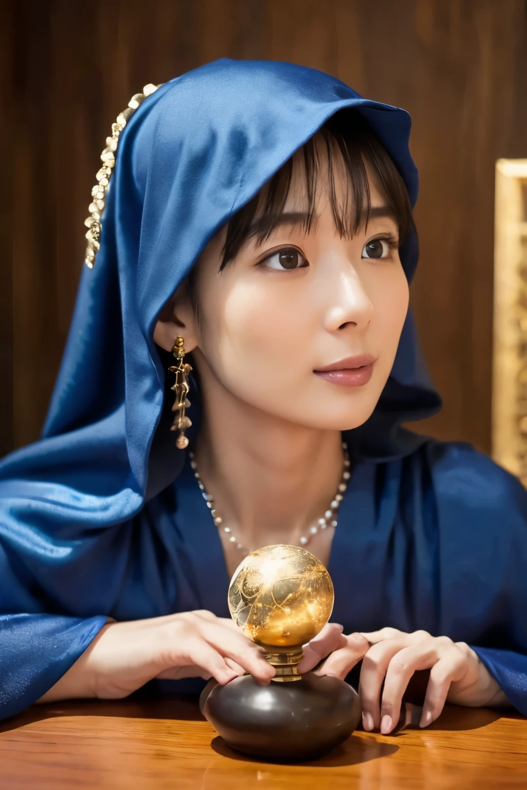 ((facing front:1.5)), Japanese female fortune teller. Attractive, beautiful and mysterious. She wears a blue cloak and has distinct features. The atmosphere is bright and sparkling, full of anxiety and anticipation. A fortune teller is standing there. The body is facing forward. She is looking at you. She holds a crystal ball in her right hand. She has a beautiful face and beautiful eyes. The photo captured her with a detailed face and detailed eyes. The lighting in the room is bright, creating a magical atmosphere. Best picture quality, 4k or 8k resolution. The level of detail is very detailed and realistic, close to photorealism. Artistic style should reflect an official aesthetic with bright colors and strong contrasts. The color palette should emphasize the mystical and mystical theme of the work. The fortune teller's cloak is decorated with metal edging with a thickness ratio of 1.5 and intricate designs. The overall atmosphere is magical, like a starry sky. The expression on the fortune teller's face should arouse mystical interest.