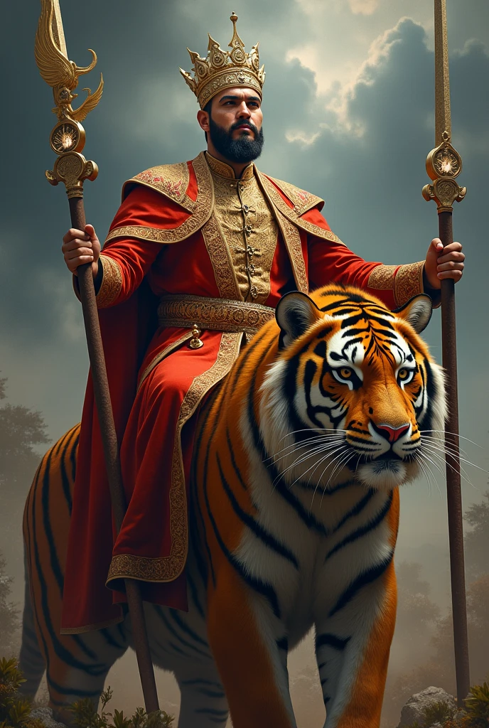 (photorealism:1.2), King's name raja wira jagad sakti, sitting on big fury tiger, wearing malay royal suit, wearing tengkolok ,ain't no beard nor moustache outdoors,holding trisula jagad sakti and cemeti berapi halilintar on both hands, enhance lighting, thunder in background, , majestic atmosphere , relaxed pose, realistic, intricate details, majestic colors, by Greg Rutkowski, by Alphonse Mucha