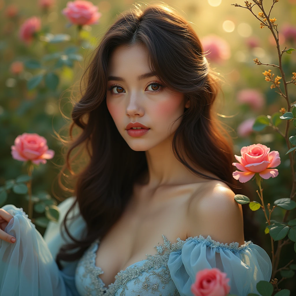 A beautiful woman with dark brown hair, white porcelain hair, thick reddish lips. Beautiful bright BROWN eyes, the eyes are a hazelnut brown. The woman is wearing a light blue, transparent, princess-style silk dress.. Around you in a place with beautiful flowers Juliet. golden glow. Unique and magical image 