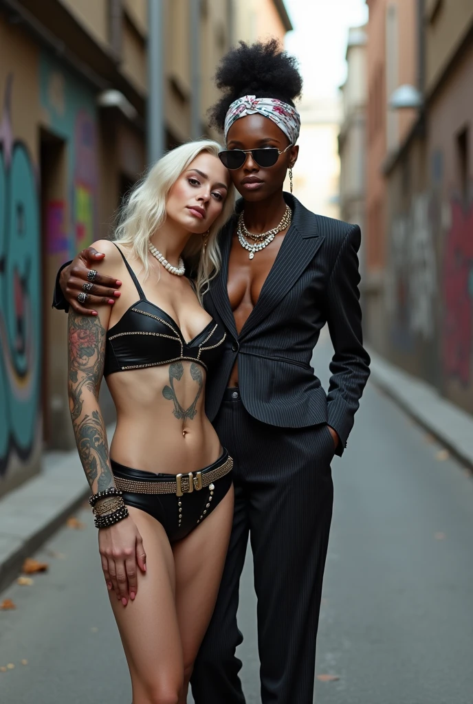 Two russian old milf women: the dominant aggressive dark skinned black woman in business pinstripe suit (jacket and trousers), black heeled shoeslong nails and afro hair, standing up with separated legs and possessive stance showing off her new white girlfriend to the camera (arm around her girlfriends' shoulder squishing her back tightly, and grabbing tightly the white woman arm with her other hand, like a predator on her prey). Next to her, her white rich drunk girlfriend looks at the camera  (white woman is very pale: pale face, pale neck, pale chest, pale arms, pale hands, pale stomach, pale leg), white woman stretches her neck and looks at the camera  feeling overwhelmed by her girlfriend. white woman leans on her girlfriend , feeling needy.  white woman is being seduced. White woman stands up with separated legs, White woman"s body is twisted and unstable, the hands of white woman are on her belt. White woman dresses in  rock chic style: Black studded leather thong with white seams, platinum blonde hair (pouf, top bun, wide colourful bandana as headband) and oversized square sunglasses as headband. Big lips with no makeup. White woman wears Black studded leather push up bra and has big breasts. Barefoot.. Lots of thick wide studded bracelets in the wrists of the white woman, big pearl necklaces around the neck of the white woman, and big rings, Pearl earrings. Wide loose studded belt with big solid buckle. Loose chains and studded belts around the hips of the white woman. White woman is lazy, leaning on her girlfriend.. The white woman is densely tattooed on neck, tattoed chest, tattoed arms, tattoed stomach, tattoed legs, wrists and feet. White woman has well Toned abdominals, thin neck, slim legs and thin arms. White woman has Narrow hips and noticeable tigh gap. The body of the white woman is twisted in a lazy posture. Full body. On a narrow street with graffitied walls 