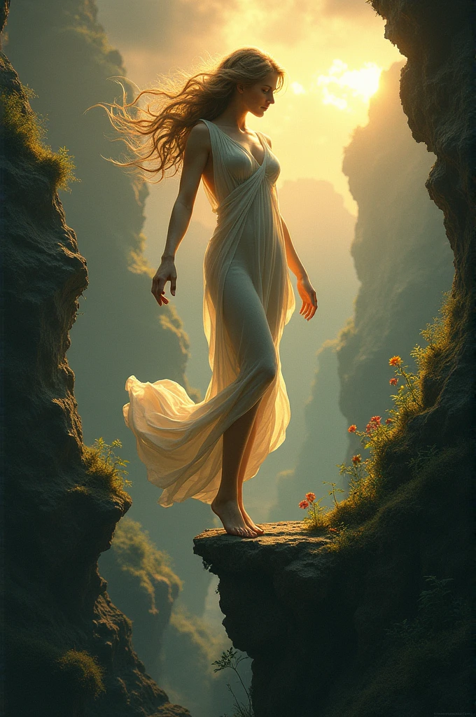Image of Persephone walking between the Underworld and the Earth, with one foot in each of the 2 worlds 
