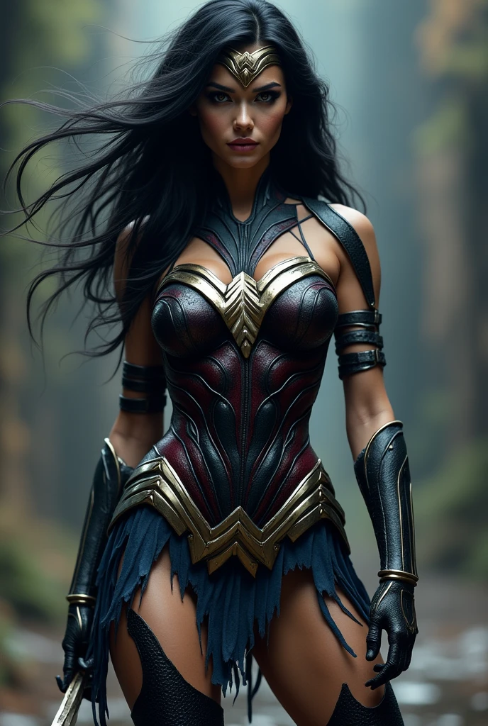 (((Symbiote fused with Spiderman Wonder Woman ))),(((A beautiful woman with long black hair under the mantle of the Amazon warrior Wonder Woman))),(((Wonder Woman emblem on her chest))),(((corset negro))),(((Long black boots up to her knees))),(((With Symbiote skin running all over his skin))) Black metal bracelets))),(((Simbionte Spiderman))),(((Wonder Woman emblem on her chest))),(((Symbiote fused with Spiderman Wonder Woman)))