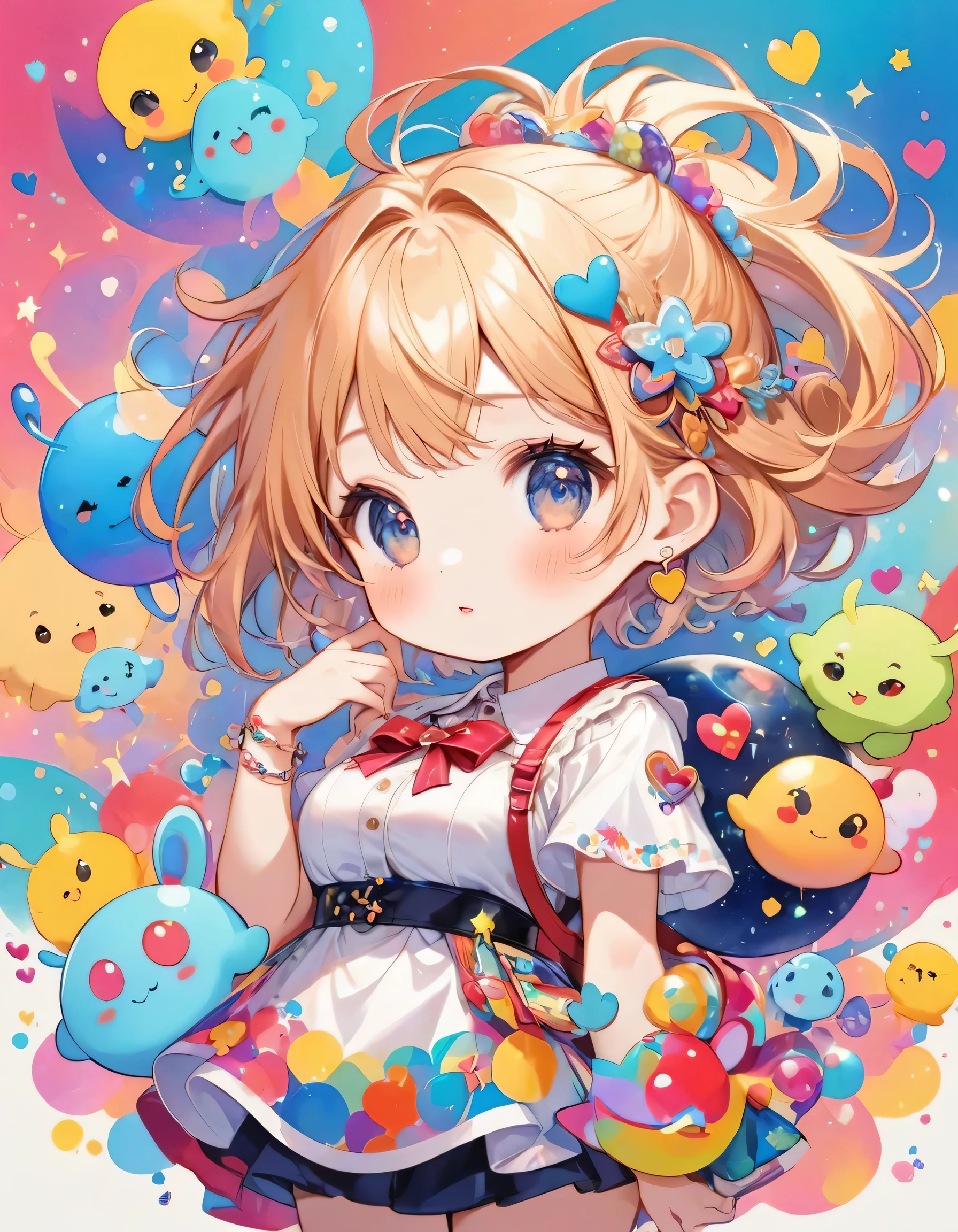 Mika Pikazo colorfull style, Simple Line Initialism,Abstract art,(((The most beautiful girl of all time))), (((chibi))), Sweet face. colorful hearts, funny design, (((bosom buddy ))), (((Cute Aliens))), The background is space