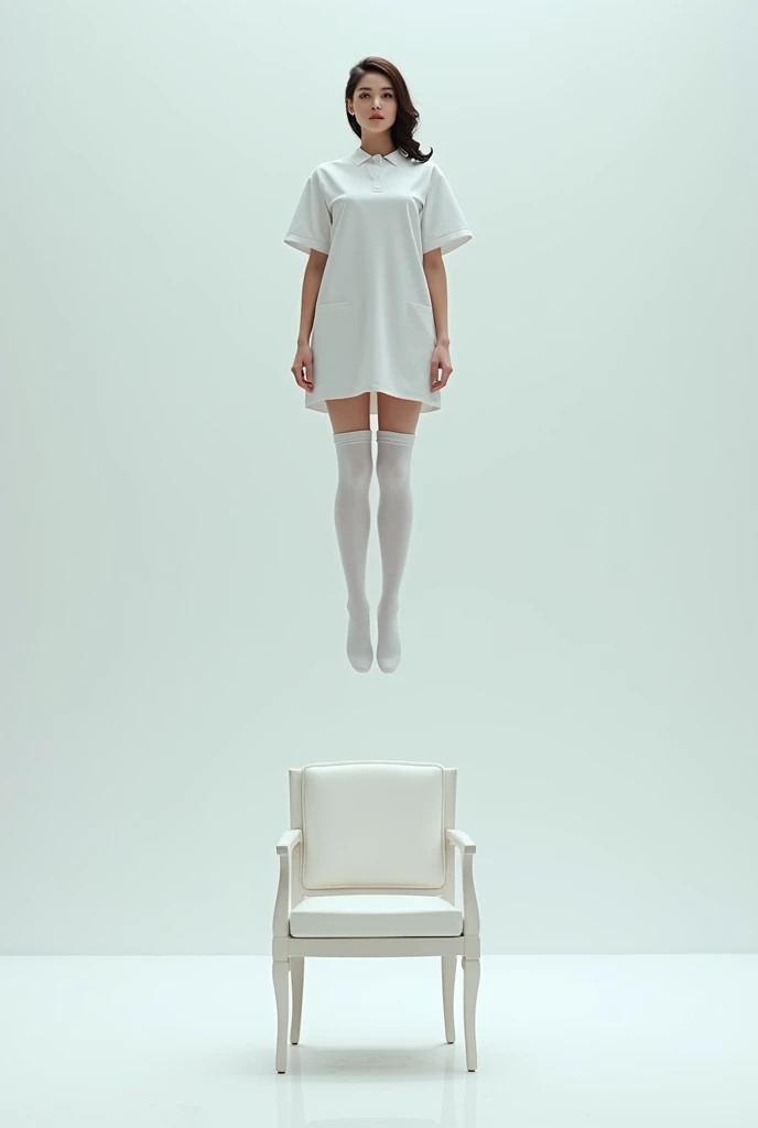 Nurse scene in white thigh high socks, hanging ,hovering in the air , the chair under the nurse&#39;s feet 