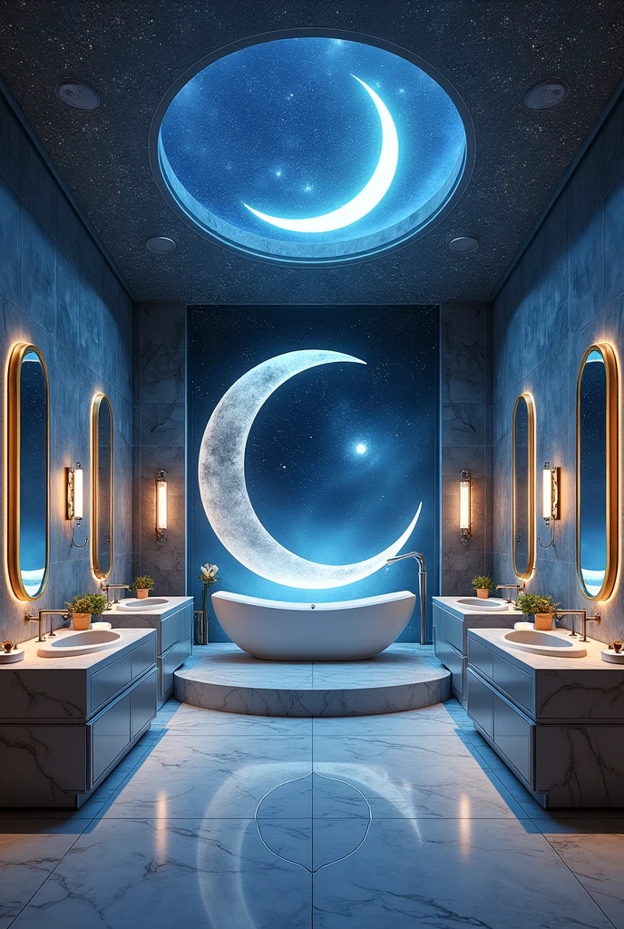 Create a very large bathroom with a moon concept 