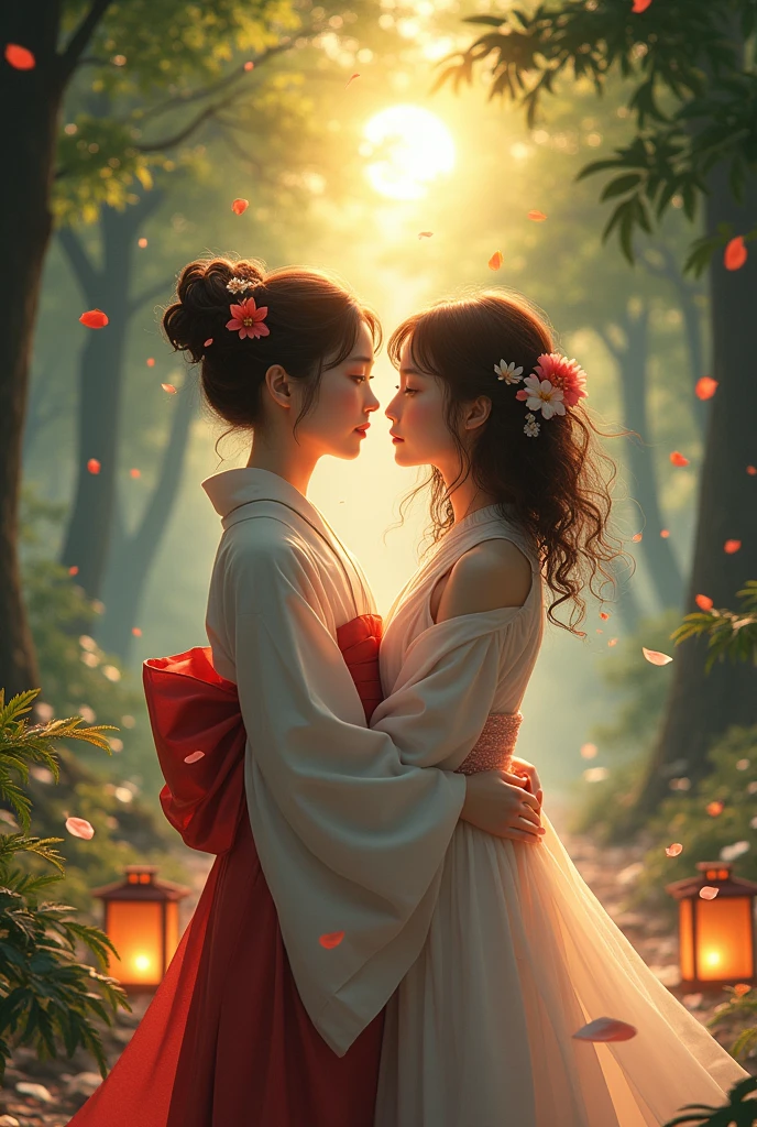 A Japanese woman marrying a curly-haired girl in a beautiful forest at dusk 
