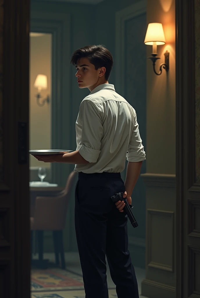 suspense book cover , a young waiter standing sideways with a tray in front of him and a gun behind him