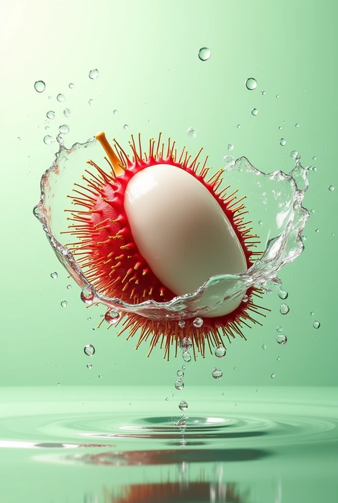 A blurred rambutan fruit with its unique spiky red shell and white flesh, surrounded by splashing water droplets, rendered in the style of Cinema4D. The scene captures a micro-level focus similar to Marcin Sobas's style, with contemporary glass elements and delicate texture, showcasing light green and white tones. The rambutan appears to be suspended in a bright, fresh space, creating an ultra high-definition image with a sense of dynamic motion and clarity