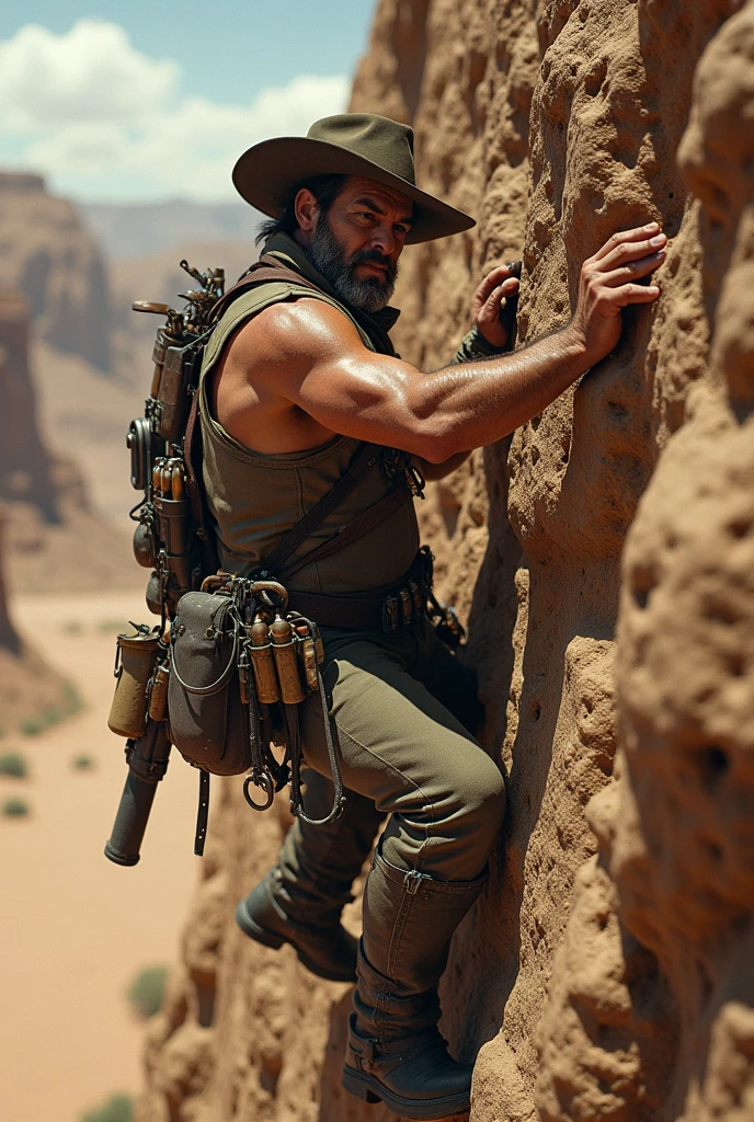 A cowboy man full of ammunition in his body (rock climber)