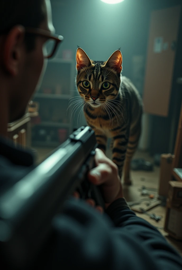 I want a photo that is in the first person and he has a gun in his hand and wants to kill the cat