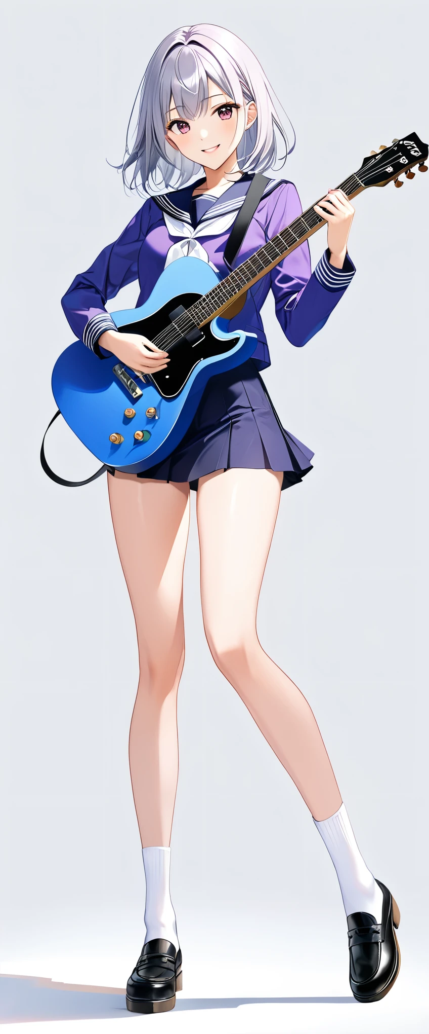 (((White background:1.5)))、(((The subject and guitar are in full view:1.5))),(((full body:1.2)))、(masterpiece、Ultra HD、Highest quality、Masterpiece、8k:1.2)、Slender body、High school girl playing electric guitar、(Purple sailor suit) 、Long silver hair、(((A dynamic pose:1.5)))、Perfect Style、8Head to Body、smile、Are standing、White socks、mini skirt