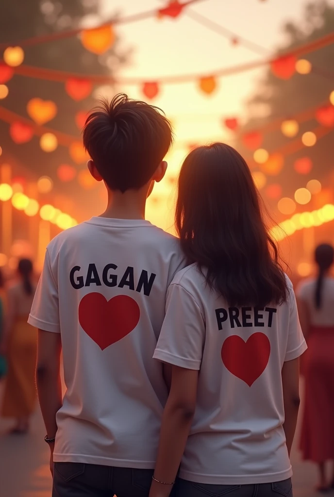 A young couple, enjoying a peaceful movement on a festival, both wearing white t shirts then boy's tshirt has tha name is GAGAN written in deep black letters positioned above a red heart similarly the girls t shirts
featuras the name preet in black letters aiso above a heart and don't show her faces