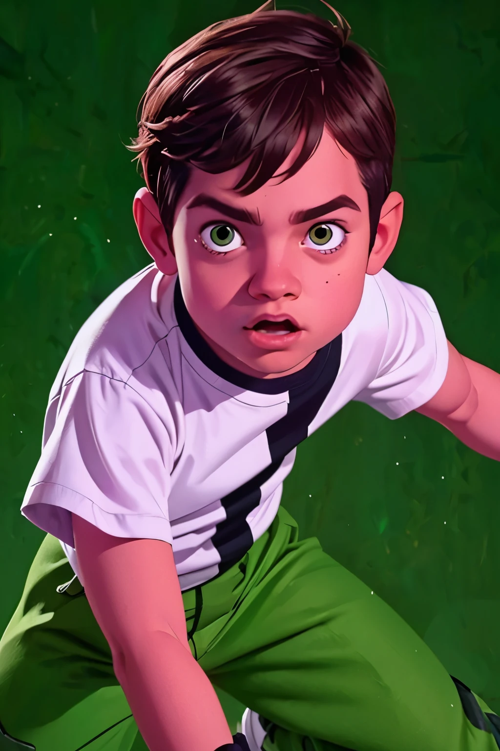 Movie poster, Ben 10 (((A child, *** ))), brown eyes, (((wearing a white outfit with black stripe in the center, green pants))) , showing fist. (Omnitrix on arm)) . (Action facial expression ) . highy detailed, face detailed, realisitic, cinematic lighting, studio quality, proffesional, face detailed, intrikate, bright coloured. ((abstract lighting background)).