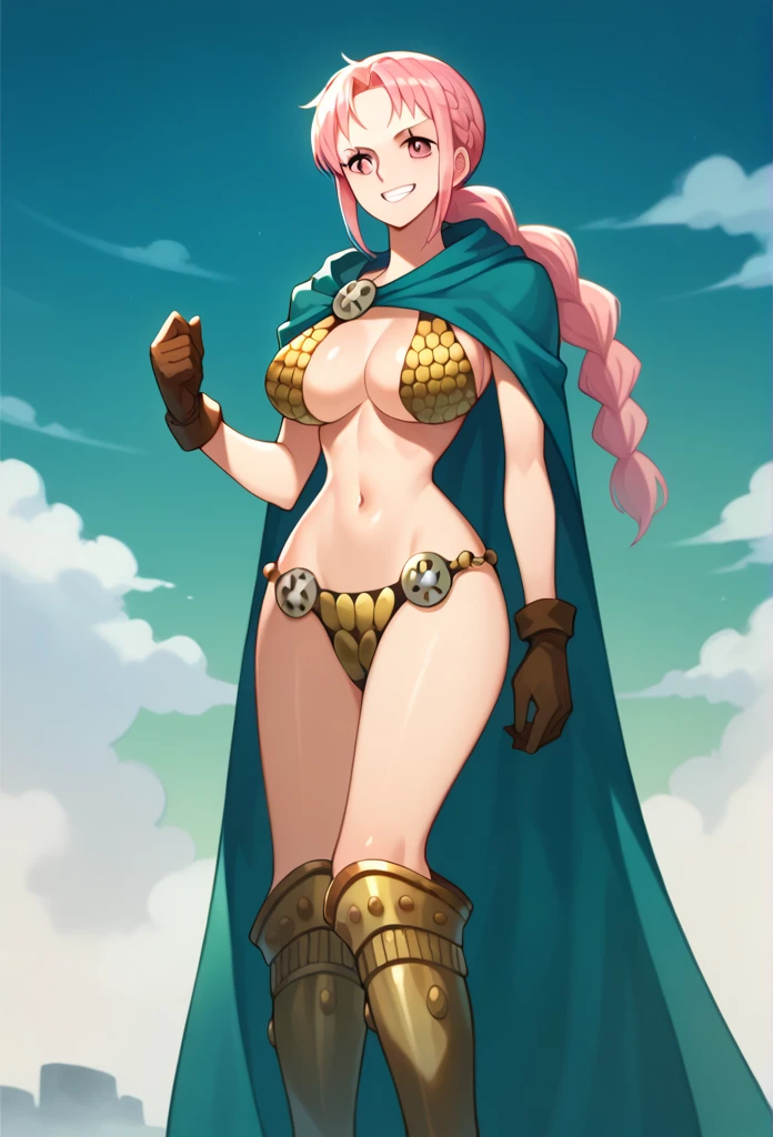 1girl, Solo, rebecca, anime style, breasts, bikini armor, pink hair, pink eyes, armor, cape, large breasts, braid, long hair, cleavage, gloves, navel, boots, shiny skin, smile, cape wavering in fronts, cape in-front, long cape