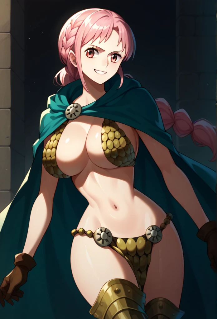 1girl, Solo, rebecca, anime style, breasts, bikini armor, pink hair, pink eyes, armor, cape, large breasts, braid, long hair, cleavage, gloves, navel, boots, shiny skin, smile, cape wavering in fronts, cape in-front, long cape