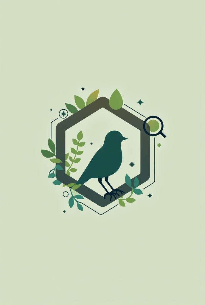 Simple logo with a hexagon and a silhouette of a bird inside, a magnifying glass and a leaf and technological connections with green tones, blue and brown 