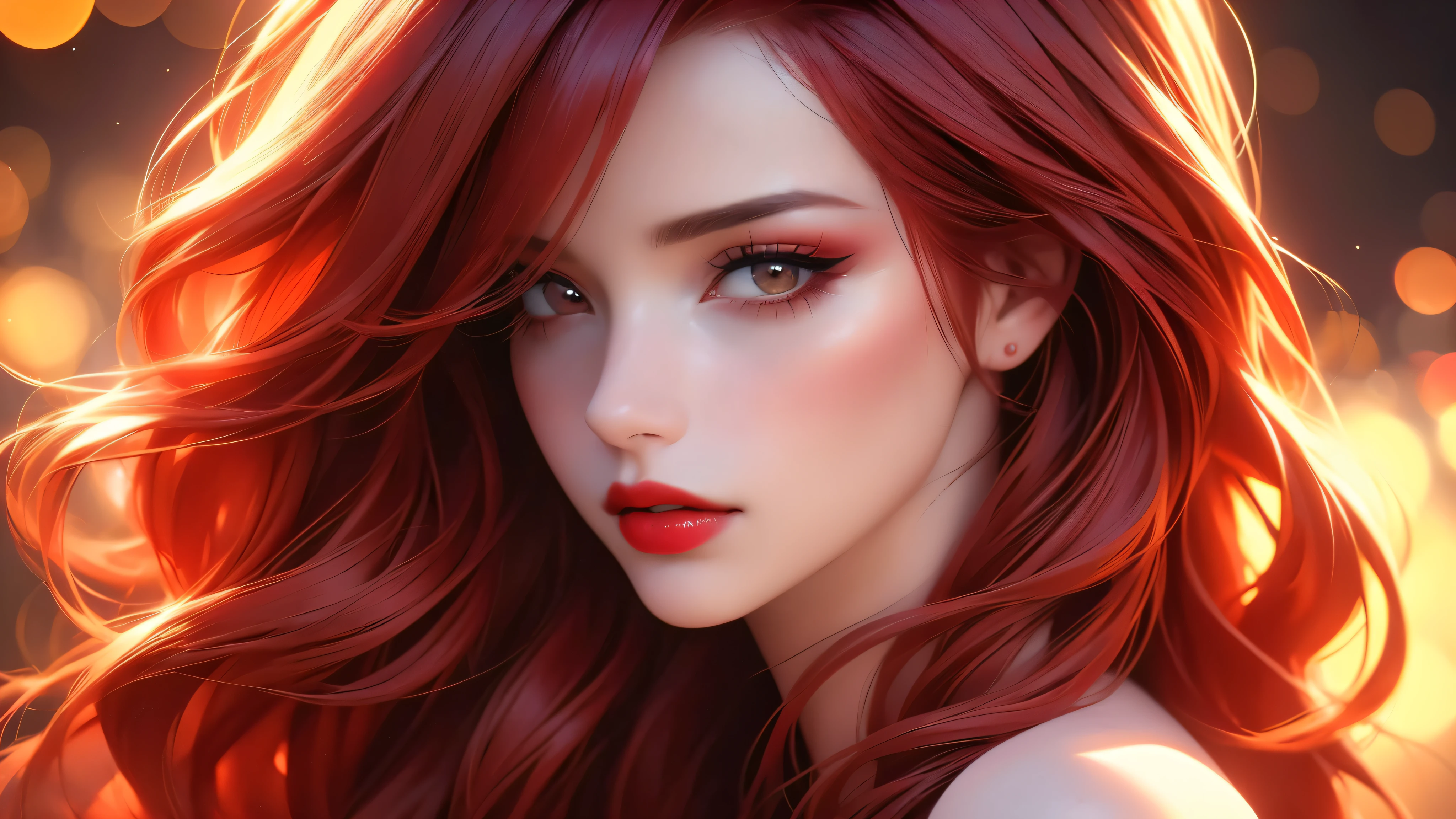 a beautiful woman with long red hair, detailed makeup and red lipstick, cleavage, looking at the viewer, (best quality,4k,8k,highres,masterpiece:1.2),ultra-detailed,(realistic,photorealistic,photo-realistic:1.37),studio lighting,vivid colors,bokeh,cinematic portrait,cinematic,dramatic lighting,warm color tones,high contrast,artist signature