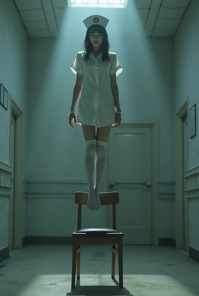 Nurse scene in white thigh high socks, hanged ,hovering in the air , the chair under the nurse&#39;s feet 