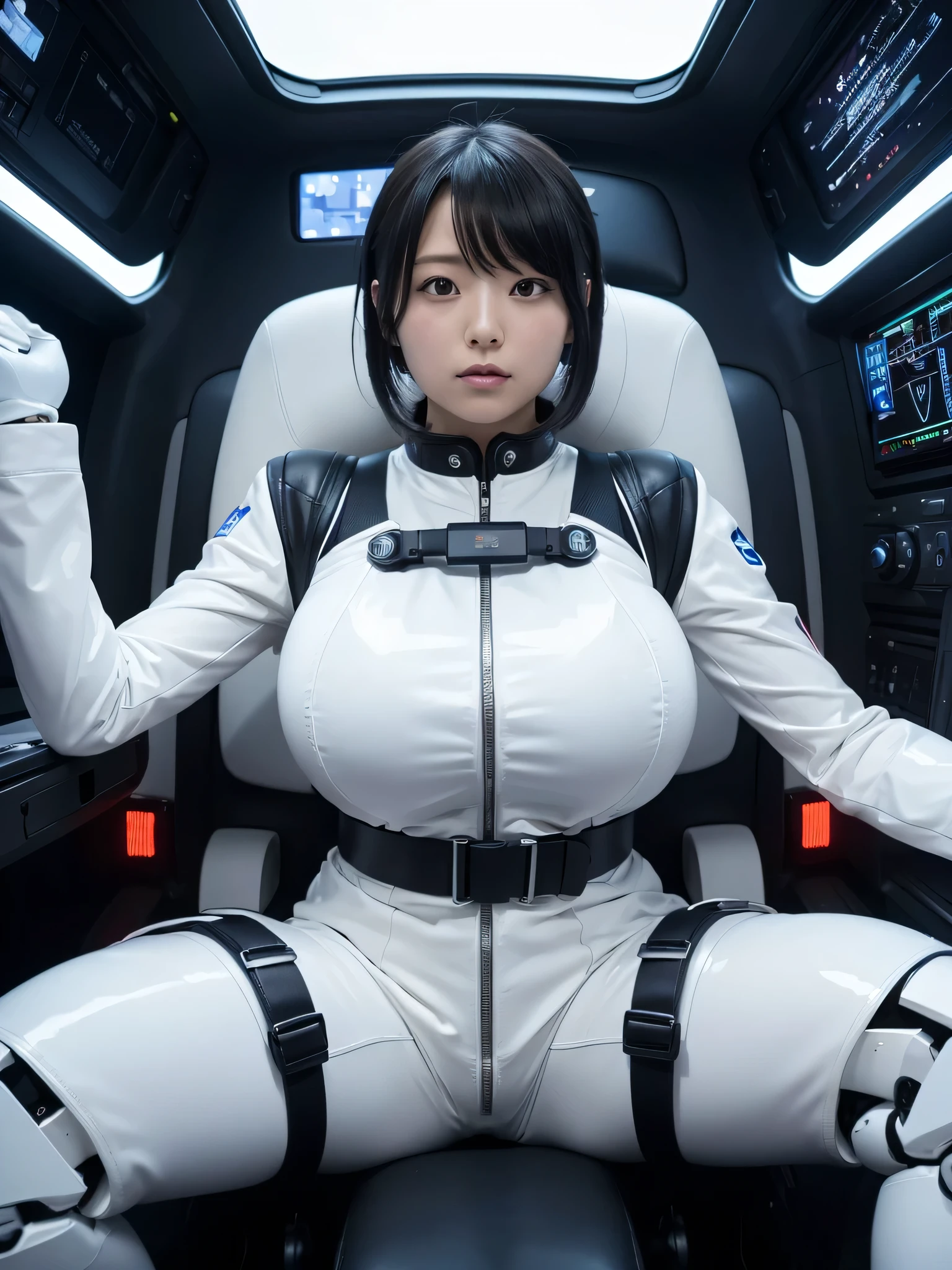 Japanese female android,Black Hair,The spaceship's cockpit,The person is completely secured in the seat with the backrest reclined by a thick harness belt.,Chubby,Big Breasts,Spread your legs,Squat,Shiny white robot suit,Robotic arms and legs,Surrounded by switches and monitors,