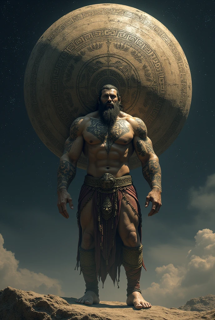 Atlas carrying the flat planet his entire body from head to toe