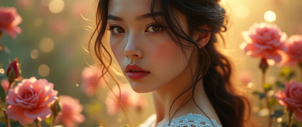 A beautiful woman with dark brown hair, white porcelain hair, thick reddish lips. Beautiful bright BROWN eyes, the eyes are a hazelnut brown. The woman is wearing a light blue, transparent, princess-style silk dress.. Around you in a place with beautiful flowers Juliet. golden glow. Unique and magical image