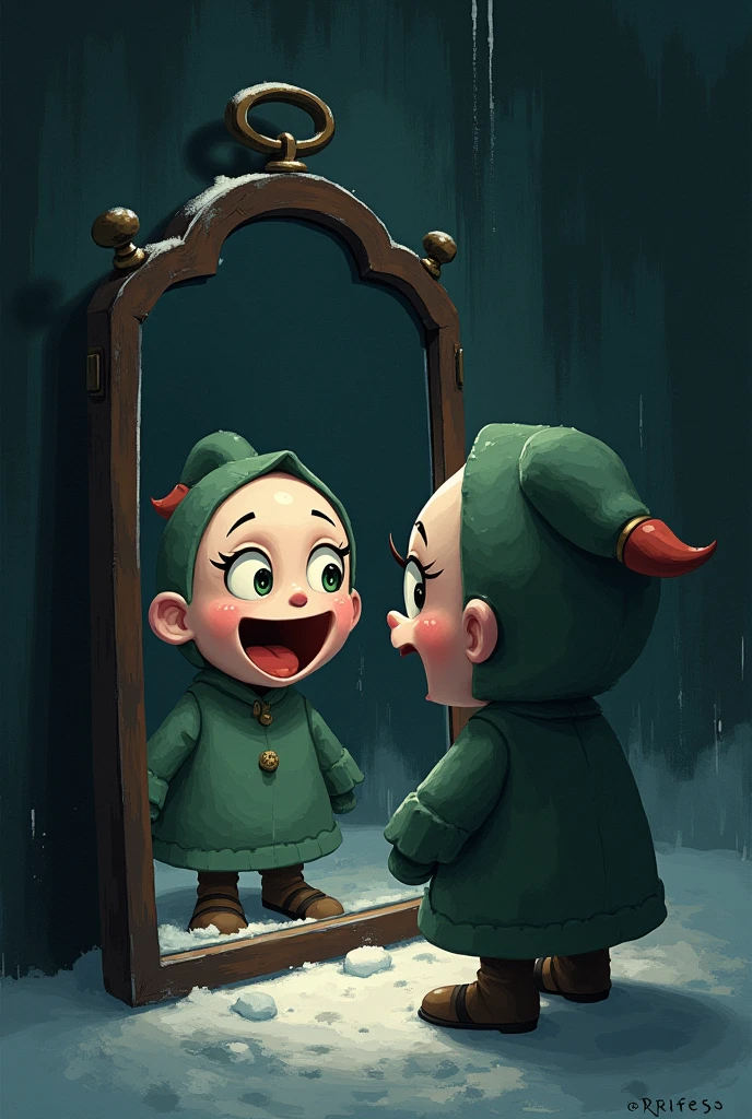 Animation friend looking in the mirror, where your reflection shows two faces: a friendly and smiling, and another with a malicious and treacherous expression. The surrounding environment is dark and cold in tone., emphasizing the contrast between appearance and reality