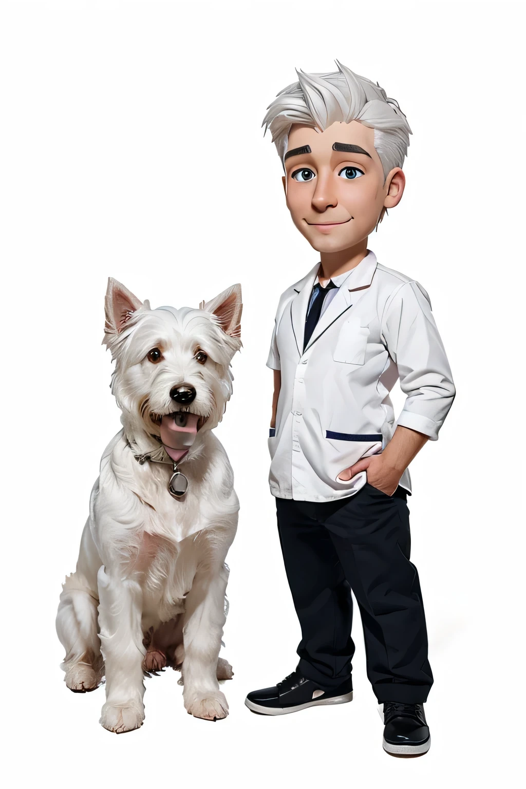 Create a cartoon image of a white-haired male nurse next to a white Westie dog and a white background