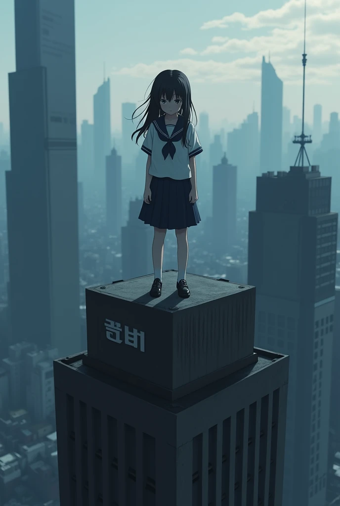 There is a girl wearing a Korean school uniform standing on top of a tall building. She looks sad and discouraged. The atmosphere is dark and lonely. Anime