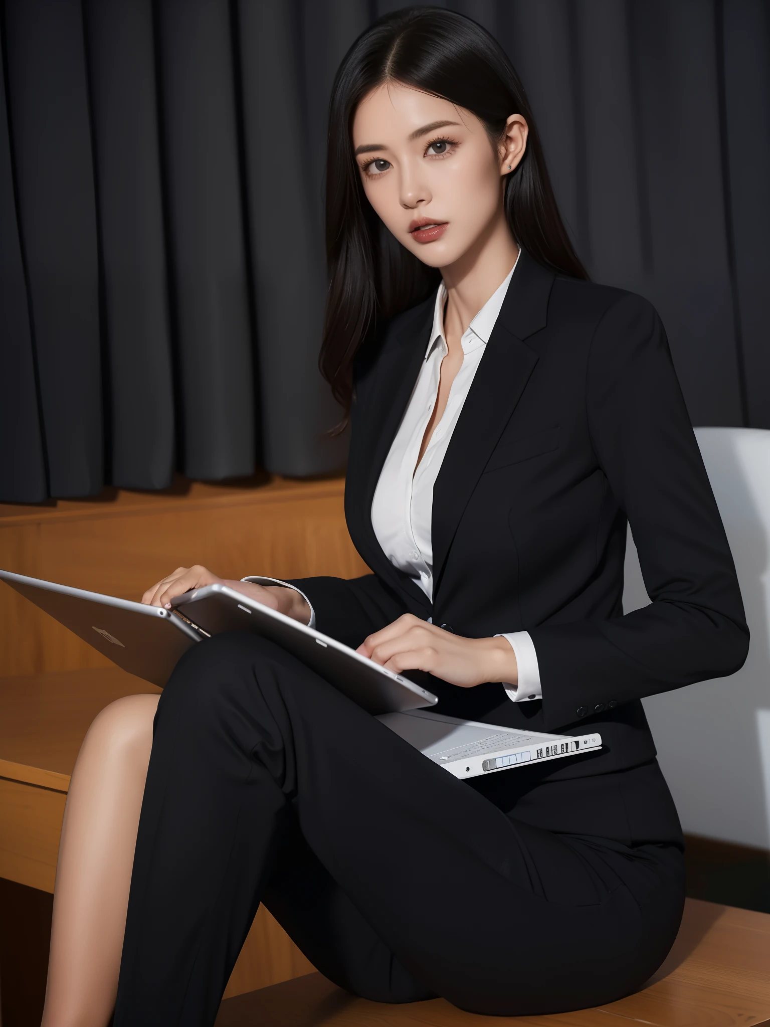 woman in black suit sitting at desk with laptop, Wearing a strict business suit, wearing a business suit, Girl in suit, Girl in a suit, Office Clothes, in a business suit, in a strict suit, wearing black business suit, Wearing a business suit, businesswoman, female lawyer, Woman in business suit, female fashion model Strong-minded De S
