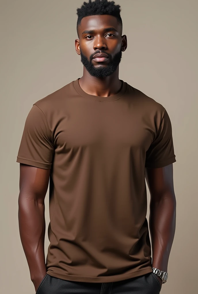 a real brown man standing with a brown t-shirt mockup