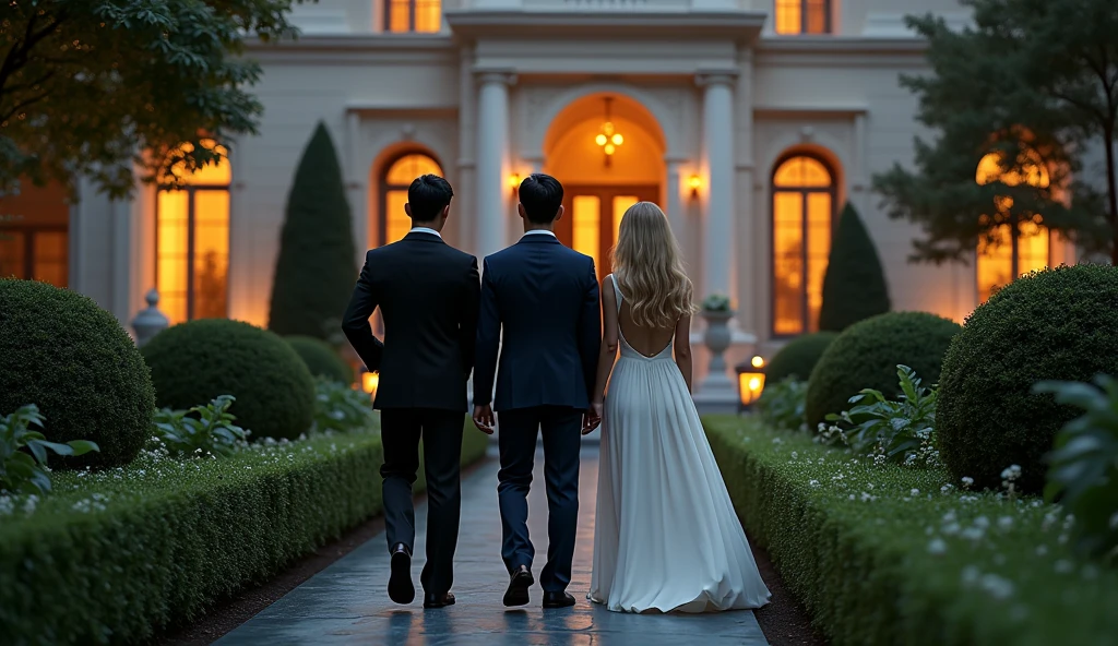 just a 3 asian man in a suit following a blonde asian woman with long hair in a white dress in a garden of a luxurious mansion at night
