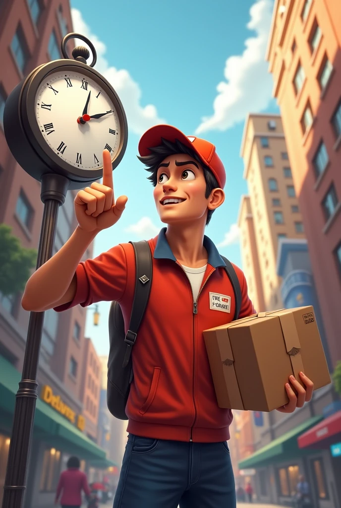 Delivery boy  pointing his finger at clock 