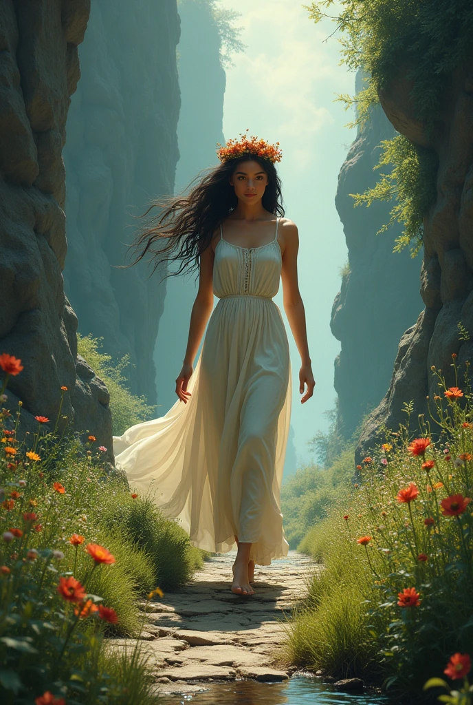 Image of Persephone walking between the Underworld and the Earth, with one foot in each of the two worlds 