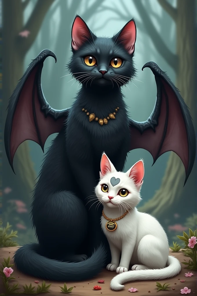 Make two cats, an all black one with a long, furry tail with bat wings and a white cat smaller than the black cat with a gray heart-shaped spot on its head and next to its belly, make her with a necklace that says lady