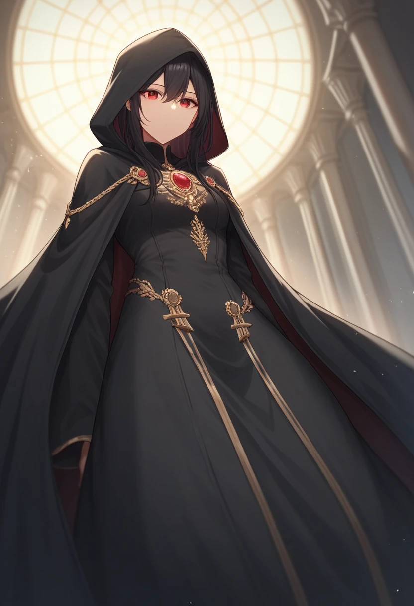 NNAssassinFSF, 1girl, solo, black hair, red eyes, long cape sleeves, sleeves covered hands, no hands, dress, long cape, cape, black cloak, hood up, black robe, covered mouth, hooded cloak, ((masterpiece, best quality)) rooms, bedroom, laying down, from below