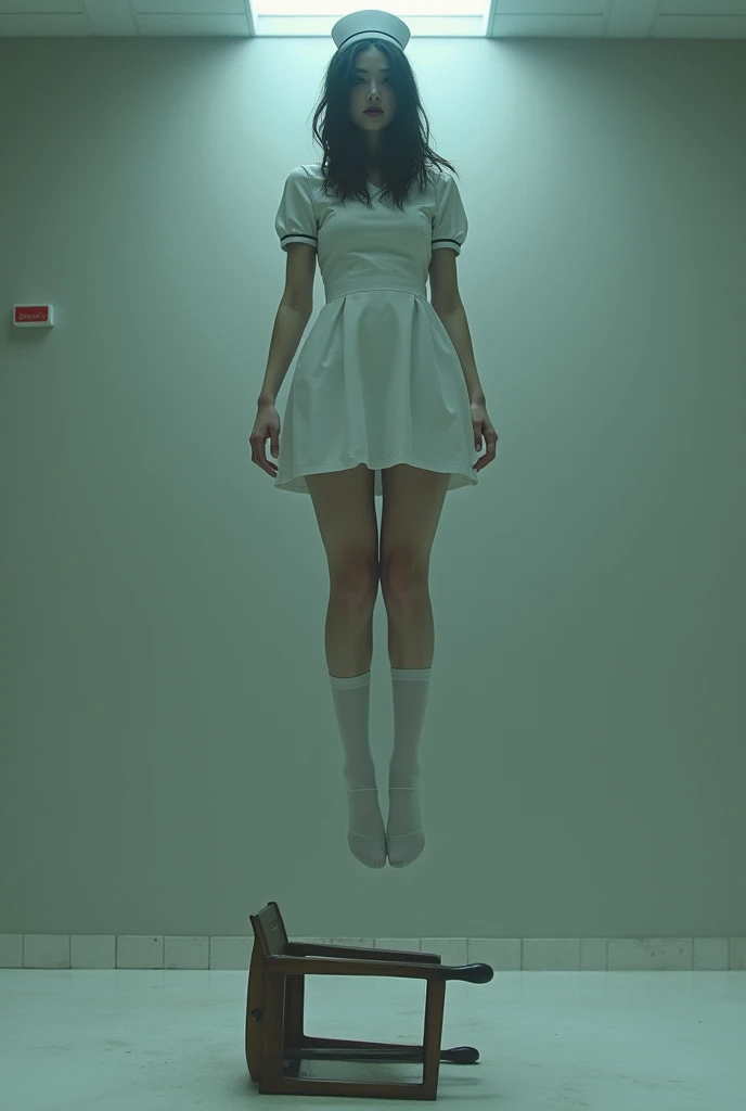 Nurse scene in white thigh high socks, hanged ,hovering in the air , The chair fell at the nurse's feet.