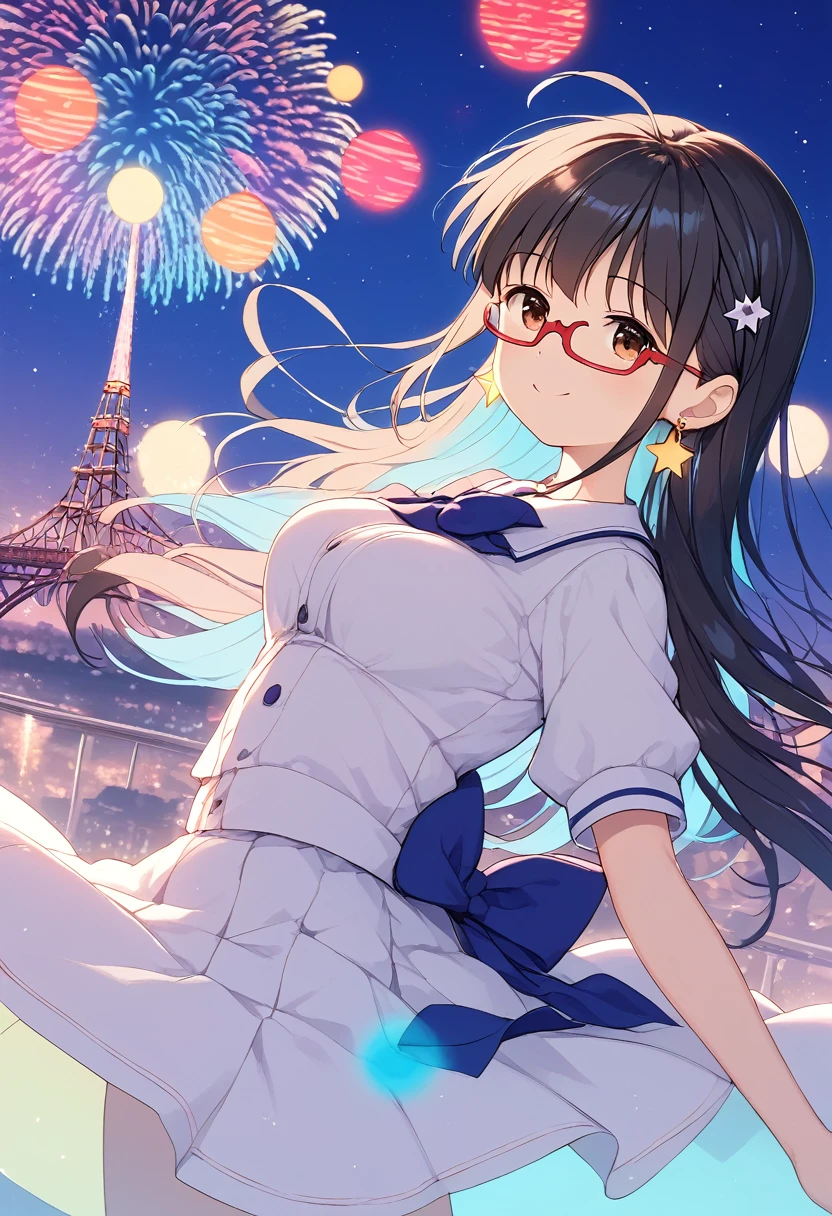1girl, 17yo, brown eyes are shining and cute, black hair, long hair, tareme, (red-rimless eyewear:1.2), star earrings, medium breasts, smile, blushful,(longshot:1.3)
facial expression, pose angle, scene situation, flat illustration,
masterpiece, best-quality, highest-definition, ultra-detailed,
glow, lens flare, light particles, fireworks,
The night view of Minato Mirai is a stunning display of urban beauty. Skyscrapers illuminate the skyline, their lights reflecting off the tranquil waters of Yokohama Bay. The iconic Ferris wheel, with its colorful lights, adds a whimsical touch to the scene. The blend of modern architecture and serene waterfront creates a captivating and romantic atmosphere, perfect for an evening stroll or a peaceful night out.