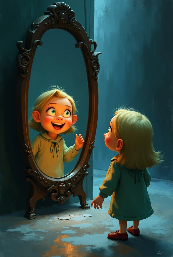 Animation friend looking in the mirror, where your reflection shows two faces: a friendly and smiling, and another with a malicious and treacherous expression. The surrounding environment is dark and cold in tone., emphasizing the contrast between appearance and reality