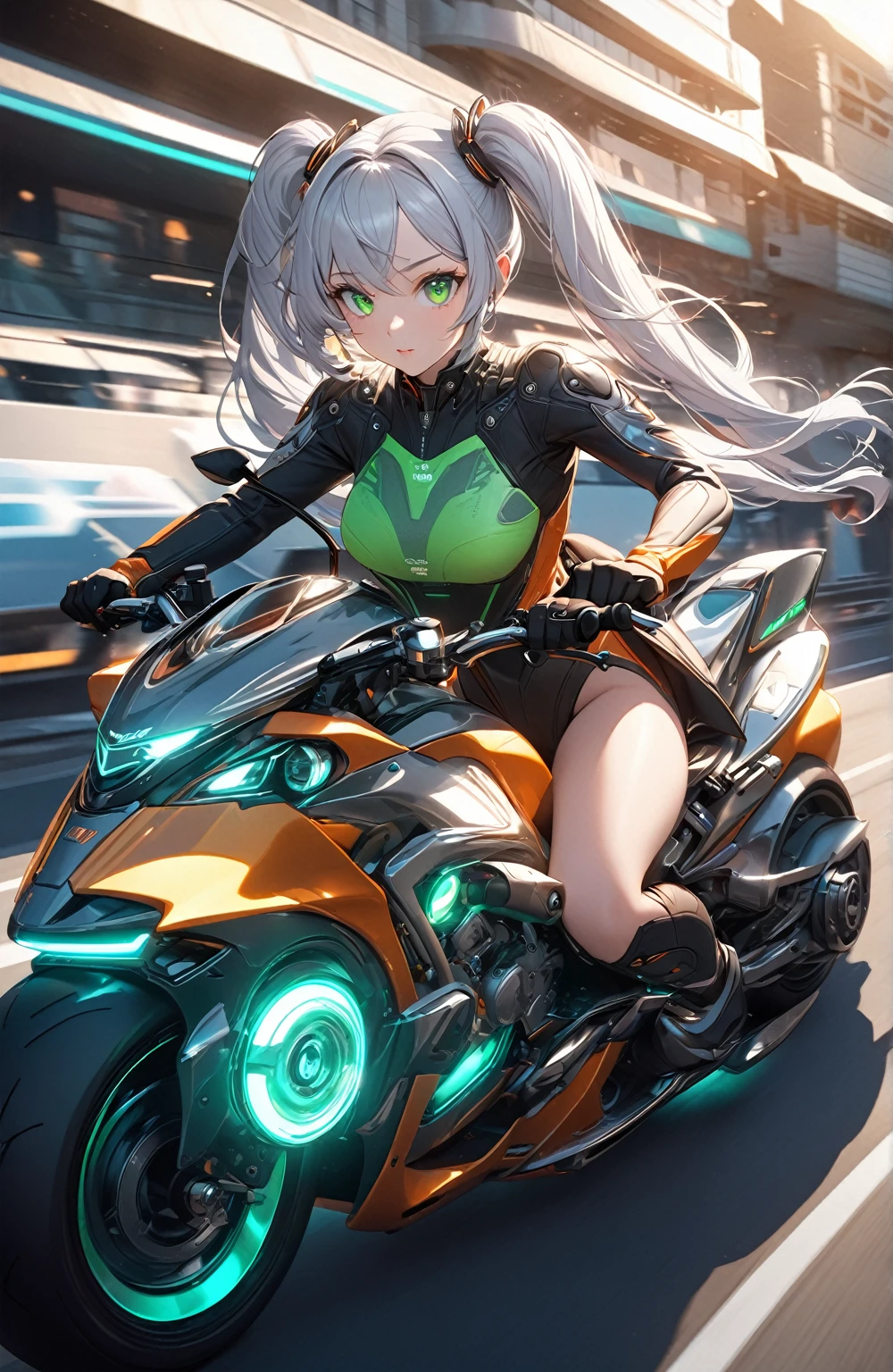 Ultra high resolution, rich colors, perfect image, best quality, detailed image, beautiful single woman, glowing skin, skin and clothing texture, delicate eyes, morning, futuristic motorcycle, driving, silver hair twin tails, green eyes