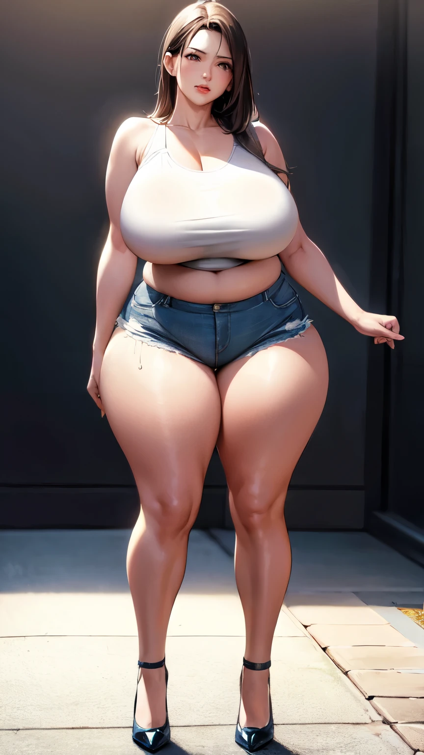 Huge breasts, Big Hips, Tank top, Denim shorts, Full Body Shot, Mature mother, Whipping the lower body, Plump thighs, Calf, Seductive mature woman, Perfect body, Plus Size Model,