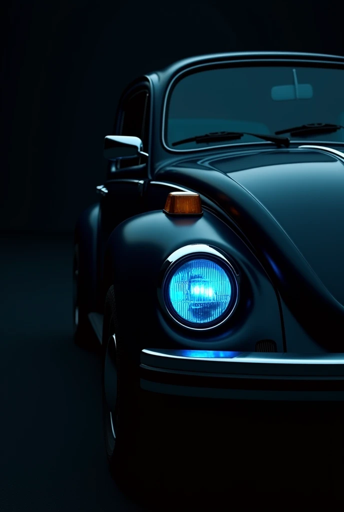 Creates a closer image with a black background of a black 1980 Beetle with only 1 blue headlight visible