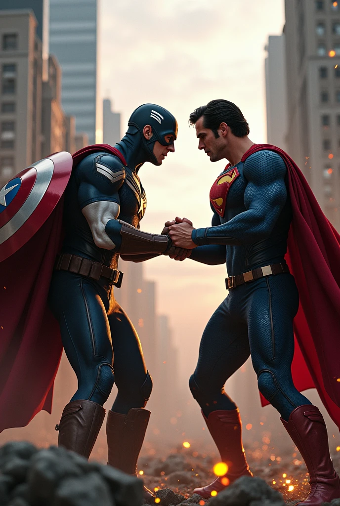 Captain America hold Superman hand in fight.