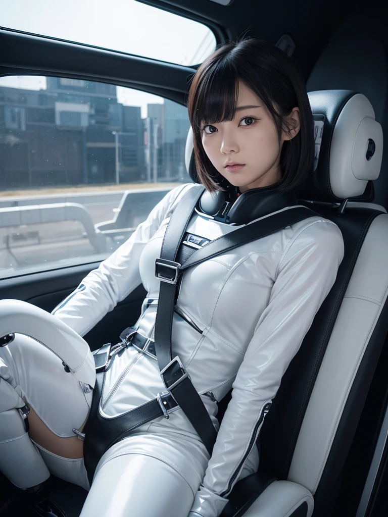 Japanese female android,Black Hair,The spaceship's cockpit,The person is completely secured in the seat with the backrest reclined by a thick harness belt.,Chubby,Spread your legs,Squat,Shiny white robot suit,Robotic arms and legs,Surrounded by switches and monitors,