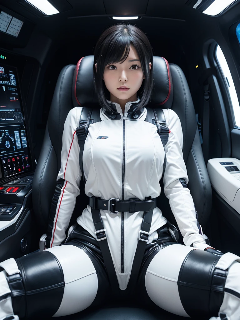 Japanese female android,Black Hair,The spaceship's cockpit,The person is completely secured in the seat with the backrest reclined by a thick harness belt.,Chubby,Spread your legs,Squat,Shiny white robot suit,Robotic arms and legs,Surrounded by switches and monitors,