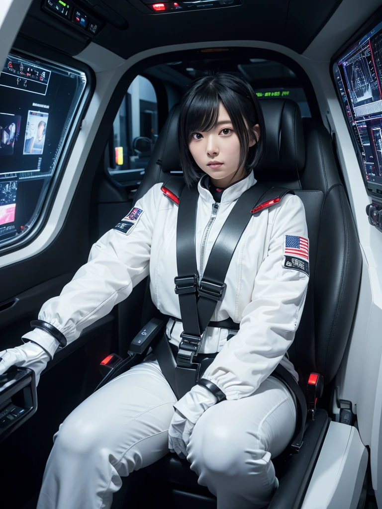 Japanese female android,Black Hair,The spaceship's cockpit,The person is completely secured in the seat with the backrest reclined by a thick harness belt.,Chubby,Spread your legs,Squat,Shiny white robot suit,Robotic arms and legs,Surrounded by switches and monitors,