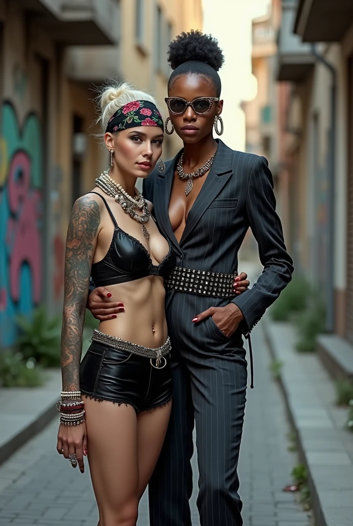Two russian old milf women: the dominant aggressive dark skinned black woman in business pinstripe suit (jacket and trousers), black heeled shoeslong nails and afro hair, standing up with separated legs and possessive stance showing off her new white girlfriend to the camera (arm around her girlfriends' shoulder squishing her back tightly, and grabbing tightly the white woman arm with her other hand, like a predator on her prey). Next to her, her white rich drunk girlfriend looks at the camera (white woman is very pale: pale face, pale neck, pale chest, pale arms, pale hands, pale stomach, pale leg), white woman stretches her neck and looks at the camera feeling overwhelmed by her girlfriend. white woman leans on her girlfriend , feeling needy. white woman is being seduced. White woman stands up with separated legs, White woman"s body is twisted and unstable, the hands of white woman are on her belt. White woman dresses in rock chic style: Black studded dark grey suede cropped moto jacket, platinum blonde hair (pouf, top bun, wide colourful bandana as headband) and oversized square sunglasses as headband. Big lips with no makeup. White woman wears Black studded leather push up bra and has big breasts. Barefoot.. Lots of thick wide studded bracelets in the wrists of the white woman, big pearl necklaces around the neck of the white woman, and big rings, Pearl earrings. Wide loose studded belt with big solid buckle. Loose chains and studded belts around the hips of the white woman. White woman is lazy, leaning on her girlfriend.. The white woman is densely tattooed on neck, tattoed chest, tattoed arms, tattoed stomach, tattoed legs, wrists and feet. White woman has well Toned abdominals, thin neck, slim legs and thin arms. White woman has Narrow hips and noticeable tigh gap. The body of the white woman is twisted in a lazy posture. Full body. On a narrow street with graffitied walls