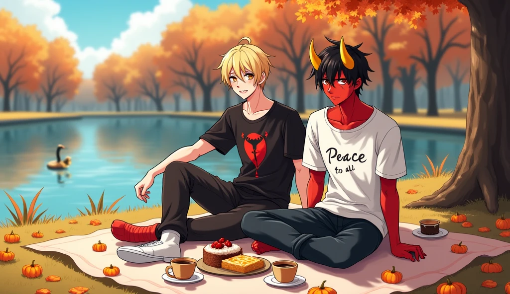 The place is a beautiful square during the fall and in the center of it there is a black picnic blanket with orange and small Halloween pumpkins drawn on the square there is a lake to the left with reeds and some ducks swimming sitting on the tablecloth there are two men one of them is a vampire he has white skin red eyes blond hair and pointy ears he is wearing a black shirt with the word sweet blood written on it a drop of blood drawn on the shirt the other man has red skin black hair golden horns he is wearing a white shirt with the word peace to all he also has a very sharp tail notorious for picnic there is also a picnic basket with various treats and also has a cake on the towel some coffees the image Has to serve in anime