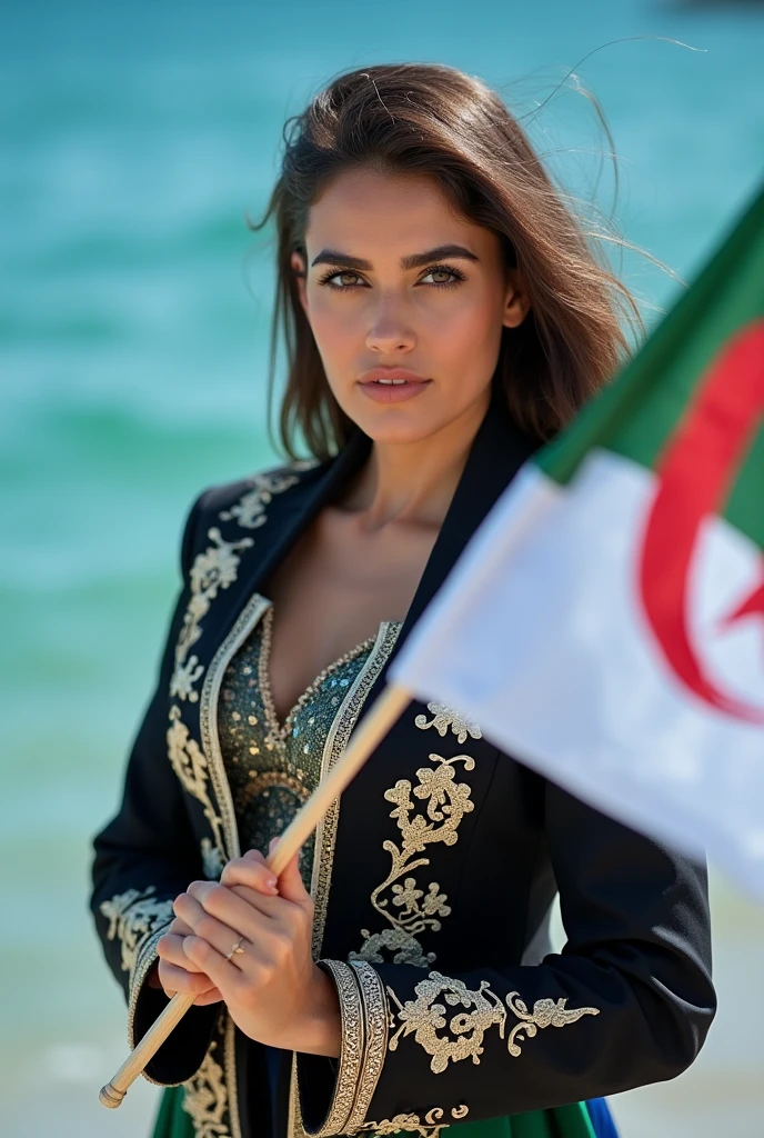 Close up, Algerian woman, wearing a black, white, blue dress, with gold decoration on her jacket, holding the white and green Algerian flag, looking directly at the camera, she is standing on the blue sea shore