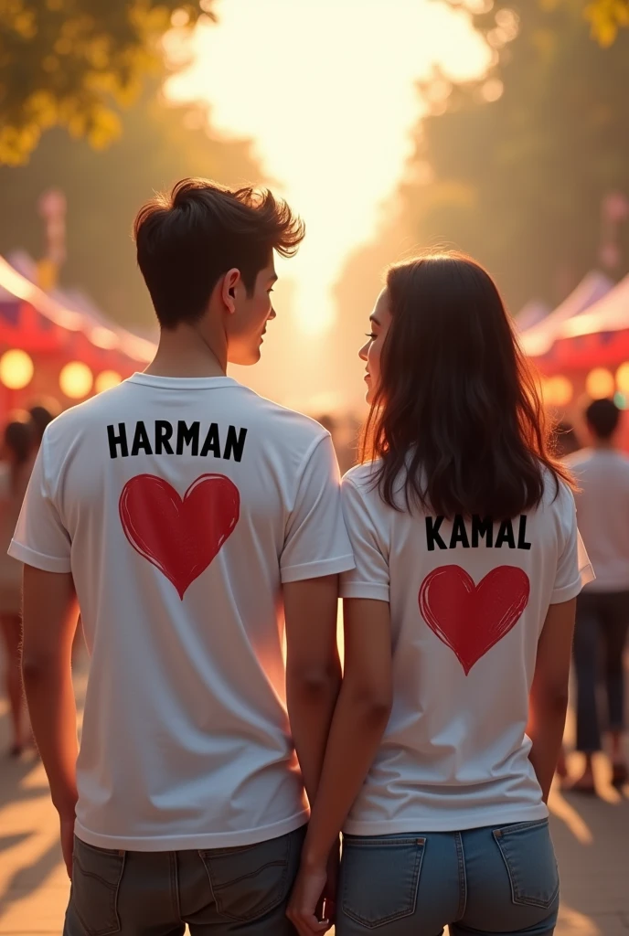 A young couple, enjoying a peaceful movement on a festival, both wearing white t shirts then boy's tshirt has tha name is HARMAN written in deep black letters positioned above a red heart similarly the girls t shirts
featuras the name Kamal in black letters aiso above a heart and don't show her faces