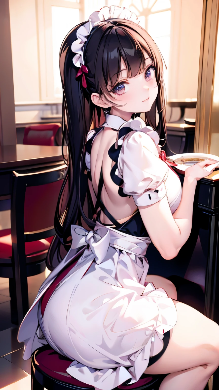 ((​masterpiece)), (top-quality), (detaileds), A 3D render of a digital avatar of a maid girl with a pink uniform and a white apron. She has black hair and wears a white collar .The background is a classic cafe with an antique counter, a few chairs, and a plant. The floor is tiled.